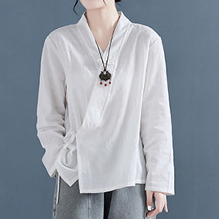 Buddha Stones Casual Solid Color Frog Button Long Sleeve Zen Cotton Linen Women's Shirt