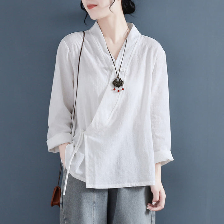 Buddha Stones Casual Solid Color Frog Button Long Sleeve Zen Cotton Linen Women's Shirt