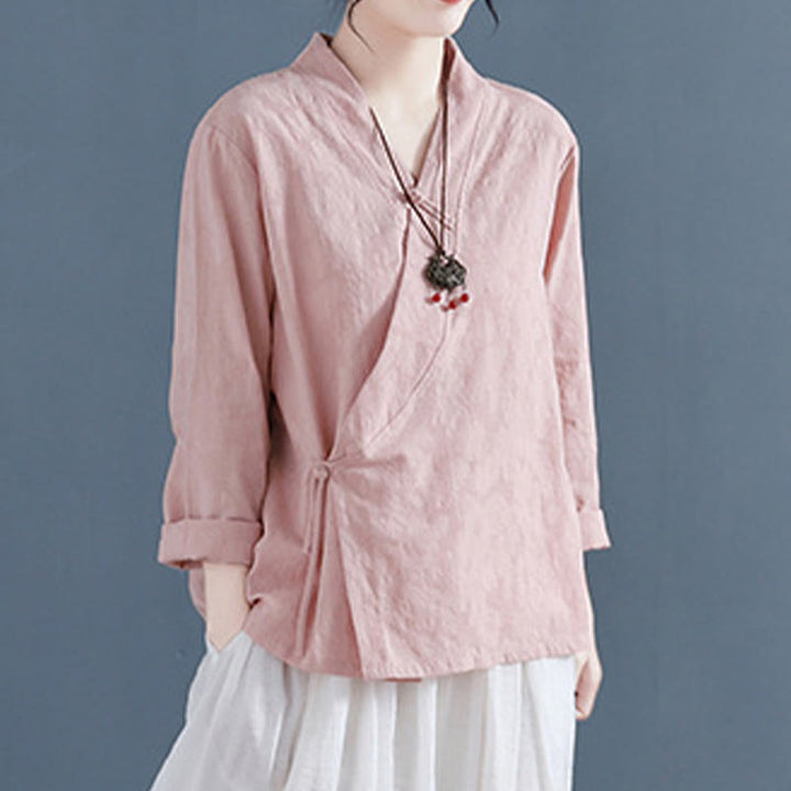 Buddha Stones Casual Solid Color Frog Button Long Sleeve Zen Cotton Linen Women's Shirt