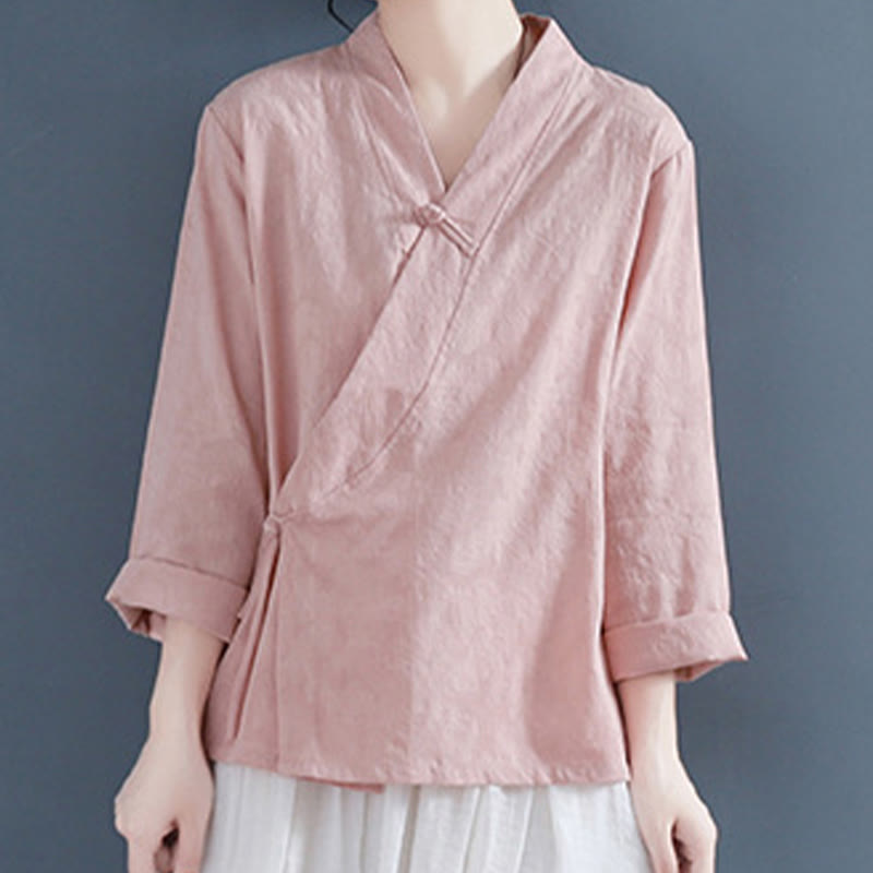 Buddha Stones Casual Solid Color Frog Button Long Sleeve Zen Cotton Linen Women's Shirt - image 6