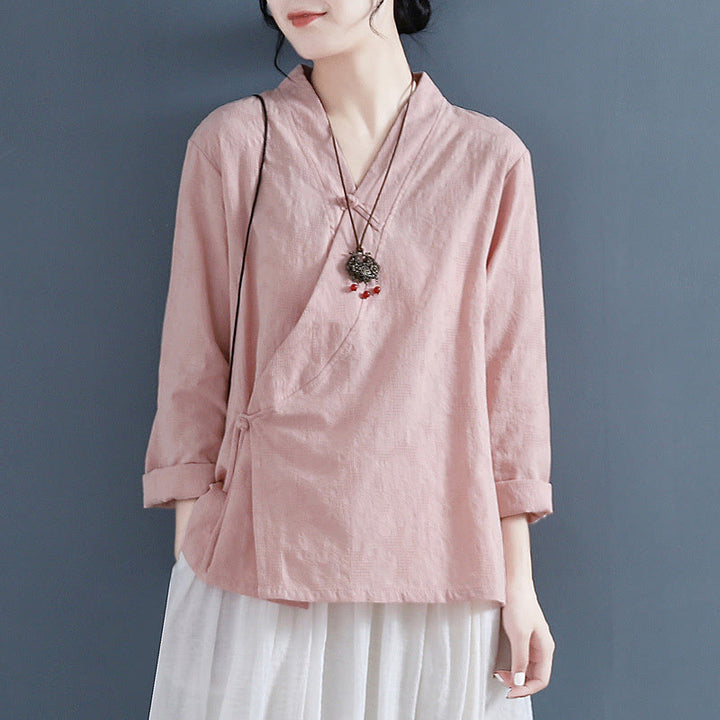 Buddha Stones Casual Solid Color Frog Button Long Sleeve Zen Cotton Linen Women's Shirt