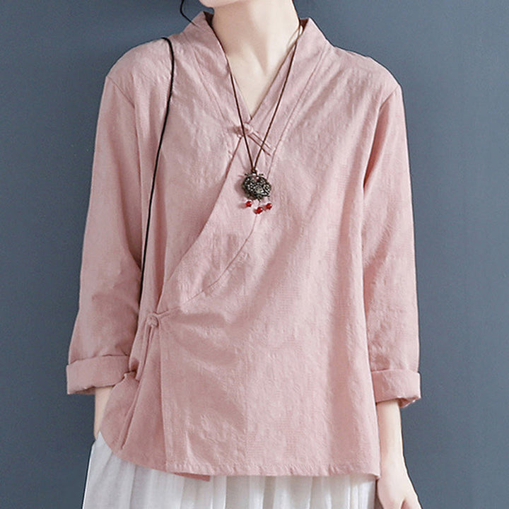 Buddha Stones Casual Solid Color Frog Button Long Sleeve Zen Cotton Linen Women's Shirt