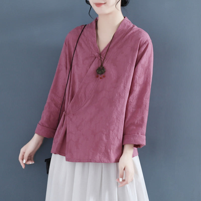 Buddha Stones Casual Solid Color Frog Button Long Sleeve Zen Cotton Linen Women's Shirt