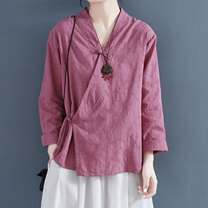 Buddha Stones Casual Solid Color Frog Button Long Sleeve Zen Cotton Linen Women's Shirt