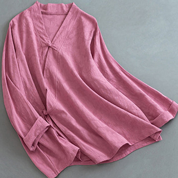 Buddha Stones Casual Solid Color Frog Button Long Sleeve Zen Cotton Linen Women's Shirt