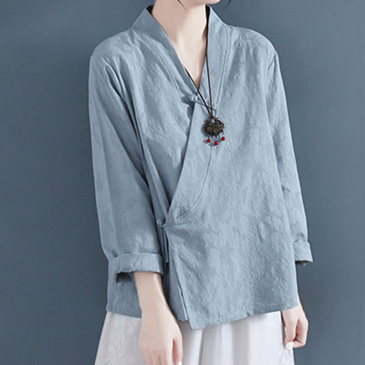 Buddha Stones Casual Solid Color Frog Button Long Sleeve Zen Cotton Linen Women's Shirt