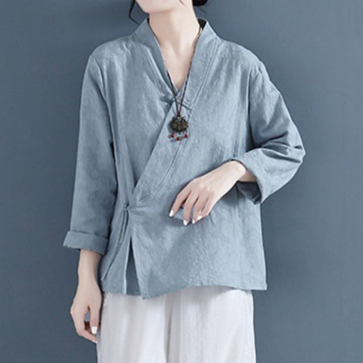 Buddha Stones Casual Solid Color Frog Button Long Sleeve Zen Cotton Linen Women's Shirt