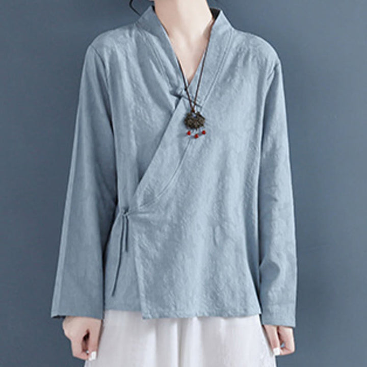 Buddha Stones Casual Solid Color Frog Button Long Sleeve Zen Cotton Linen Women's Shirt