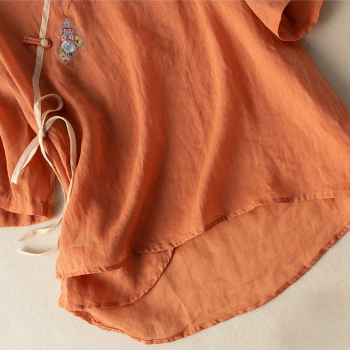 Buddha Stones Casual Slanted Collar Frog Button Embroidered Flowers Short Sleeve Cotton Women's Shirt