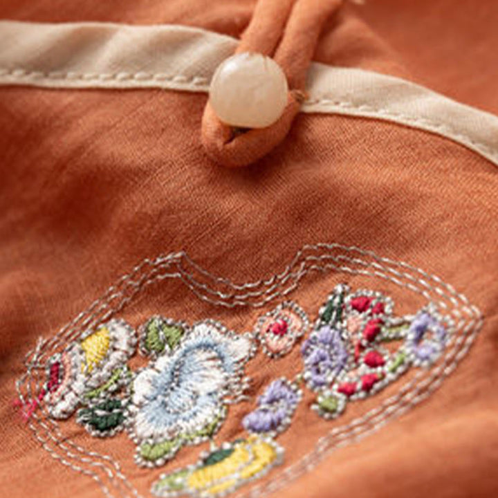 Buddha Stones Casual Slanted Collar Frog Button Embroidered Flowers Short Sleeve Cotton Women's Shirt