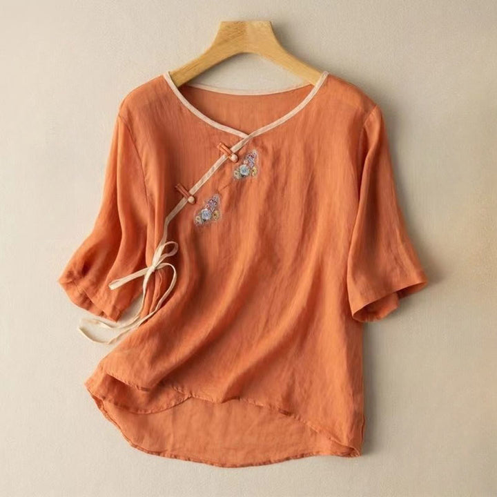 Buddha Stones Casual Slanted Collar Frog Button Embroidered Flowers Short Sleeve Cotton Women's Shirt
