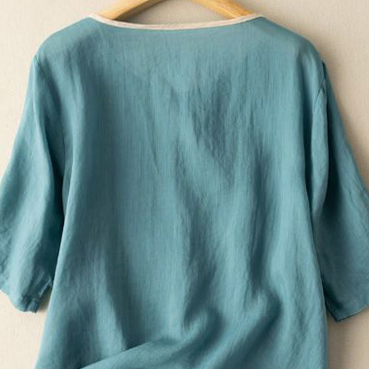 Buddha Stones Casual Slanted Collar Frog Button Embroidered Flowers Short Sleeve Cotton Women's Shirt