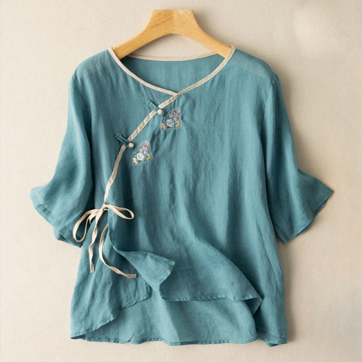 Buddha Stones Casual Slanted Collar Frog Button Embroidered Flowers Short Sleeve Cotton Women's Shirt