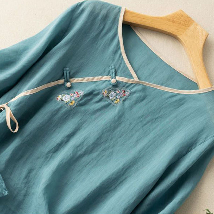 Buddha Stones Casual Slanted Collar Frog Button Embroidered Flowers Short Sleeve Cotton Women's Shirt