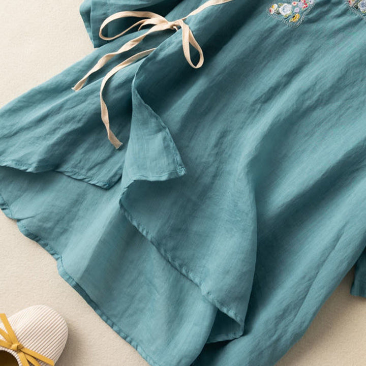 Buddha Stones Casual Slanted Collar Frog Button Embroidered Flowers Short Sleeve Cotton Women's Shirt