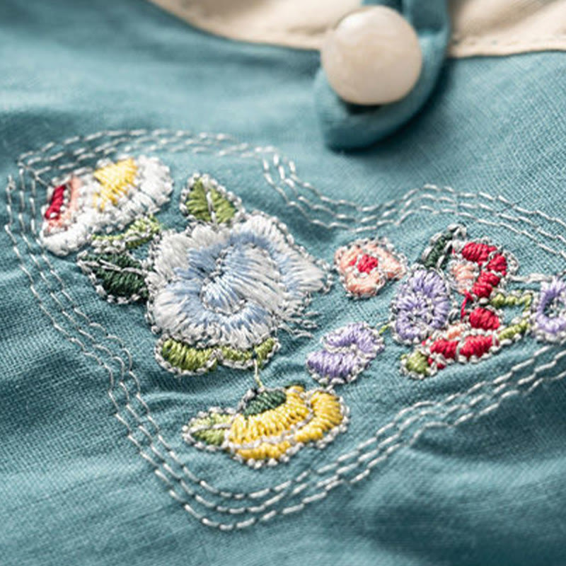 Buddha Stones Casual Slanted Collar Frog Button Embroidered Flowers Short Sleeve Cotton Women's Shirt
