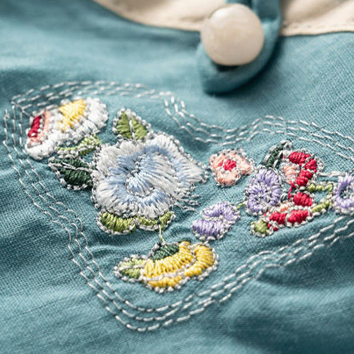 Buddha Stones Casual Slanted Collar Frog Button Embroidered Flowers Short Sleeve Cotton Women's Shirt