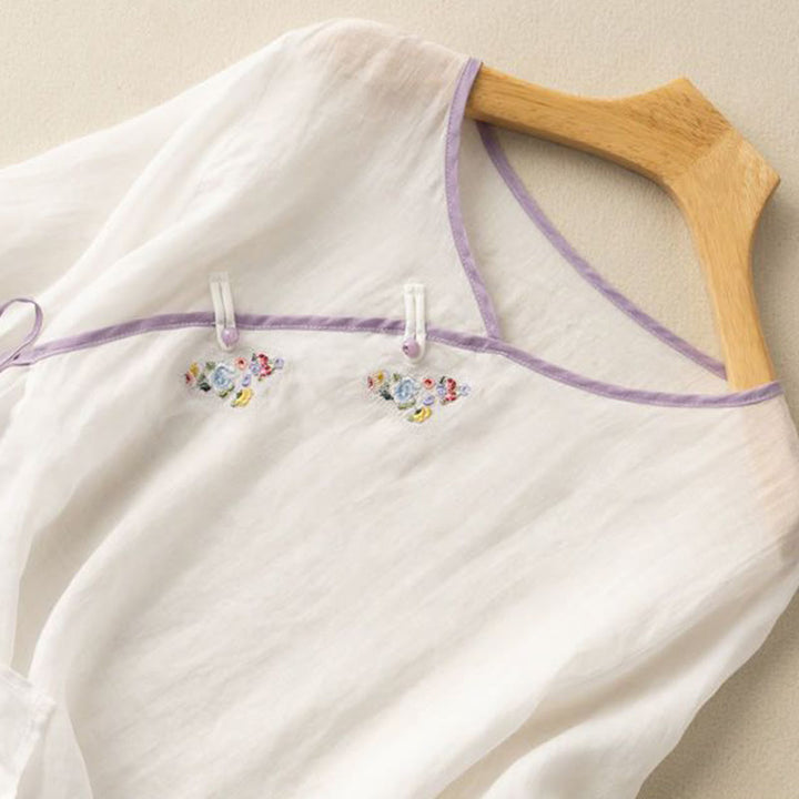 Buddha Stones Casual Slanted Collar Frog Button Embroidered Flowers Short Sleeve Cotton Women's Shirt