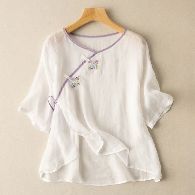 Buddha Stones Casual Slanted Collar Frog Button Embroidered Flowers Short Sleeve Cotton Women's Shirt