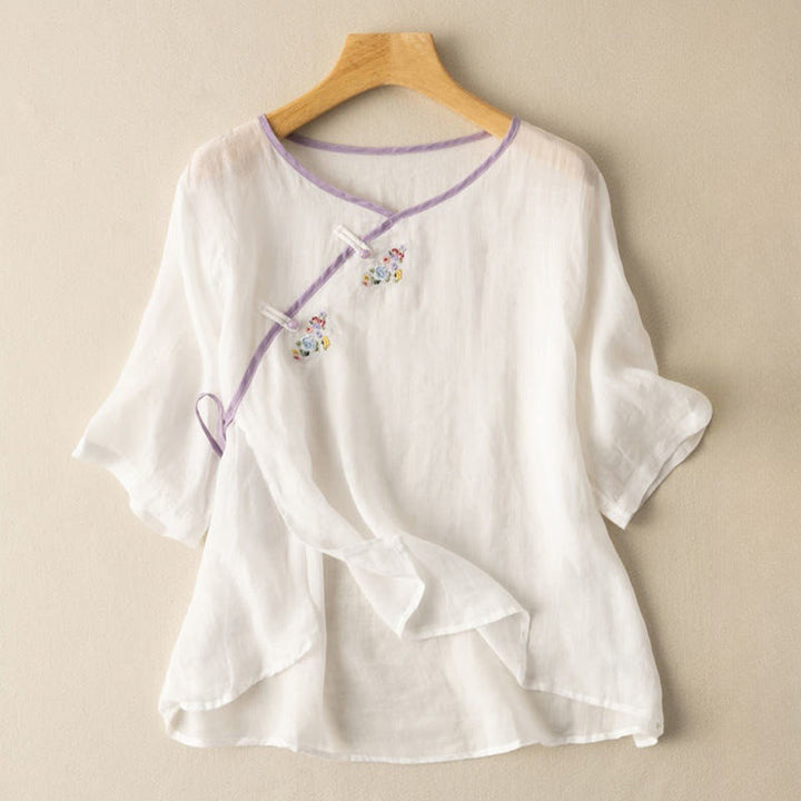 Buddha Stones Casual Slanted Collar Frog Button Embroidered Flowers Short Sleeve Cotton Women's Shirt