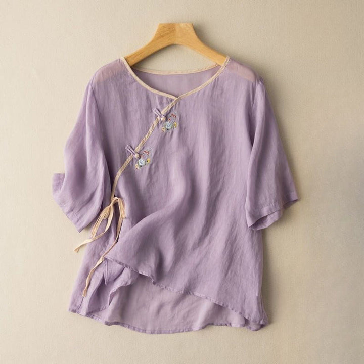 Buddha Stones Casual Slanted Collar Frog Button Embroidered Flowers Short Sleeve Cotton Women's Shirt