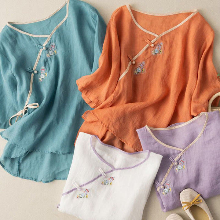 Buddha Stones Casual Slanted Collar Frog Button Embroidered Flowers Short Sleeve Cotton Women's Shirt