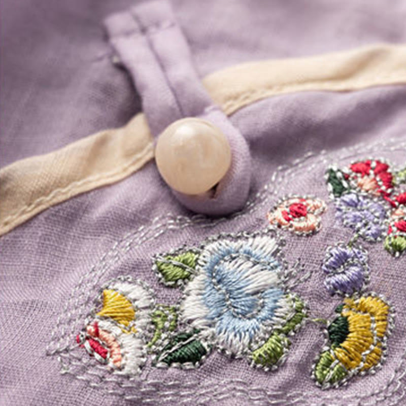 Buddha Stones Casual Slanted Collar Frog Button Embroidered Flowers Short Sleeve Cotton Women's Shirt