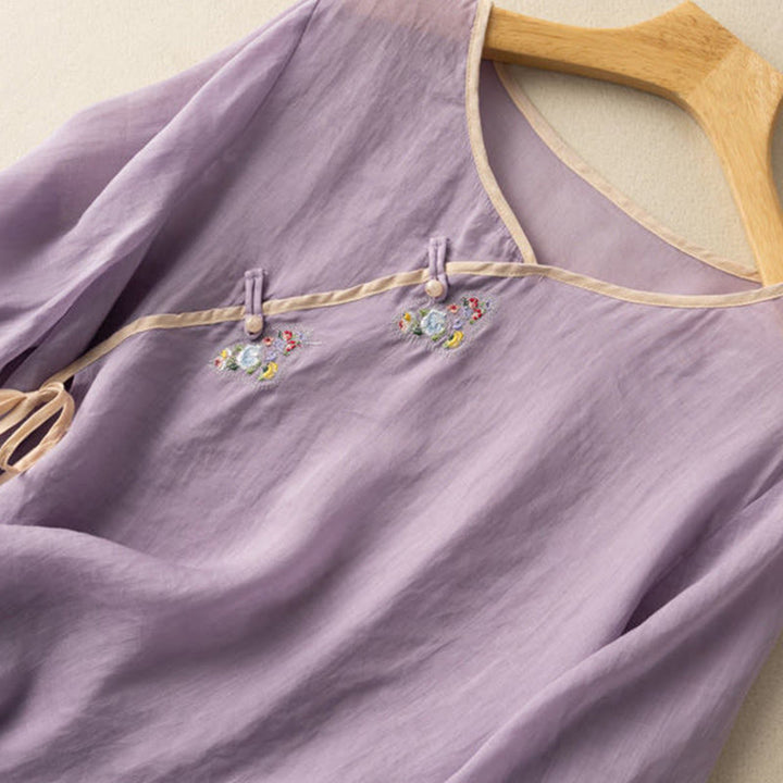 Buddha Stones Casual Slanted Collar Frog Button Embroidered Flowers Short Sleeve Cotton Women's Shirt
