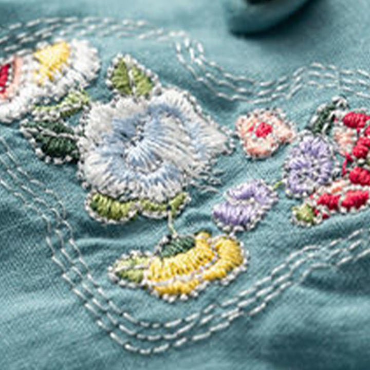 Buddha Stones Casual Slanted Collar Frog Button Embroidered Flowers Short Sleeve Cotton Women's Shirt