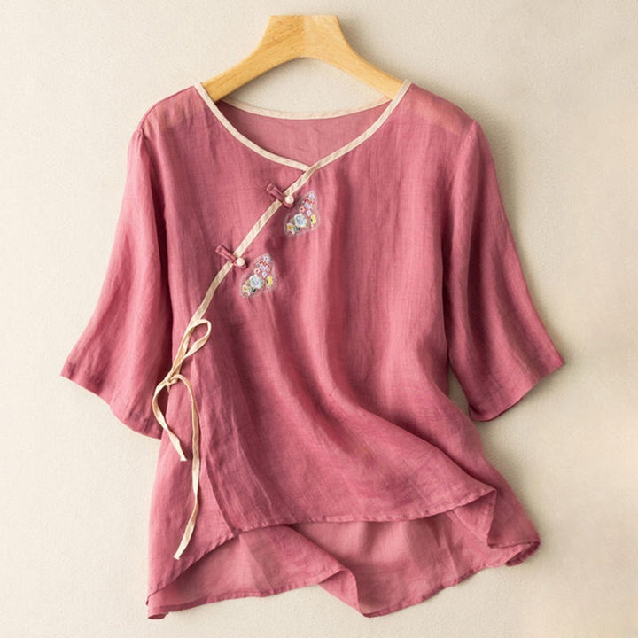 Buddha Stones Casual Slanted Collar Frog Button Embroidered Flowers Short Sleeve Cotton Women's Shirt