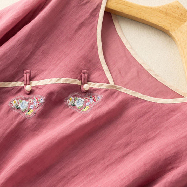 Buddha Stones Casual Slanted Collar Frog Button Embroidered Flowers Short Sleeve Cotton Women's Shirt