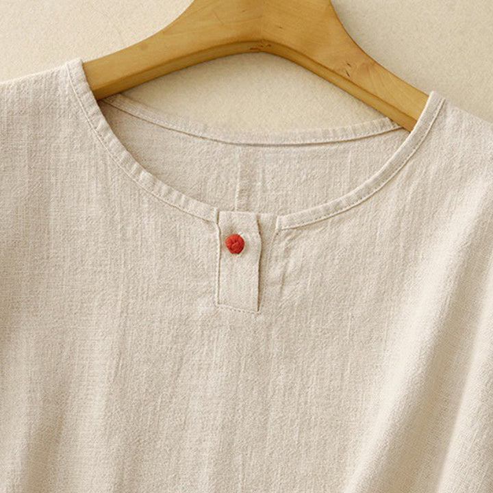 Buddha Stones Casual Plain  Women's Crew Neck Design Loose Half Sleeve Cotton Linen T-shirt