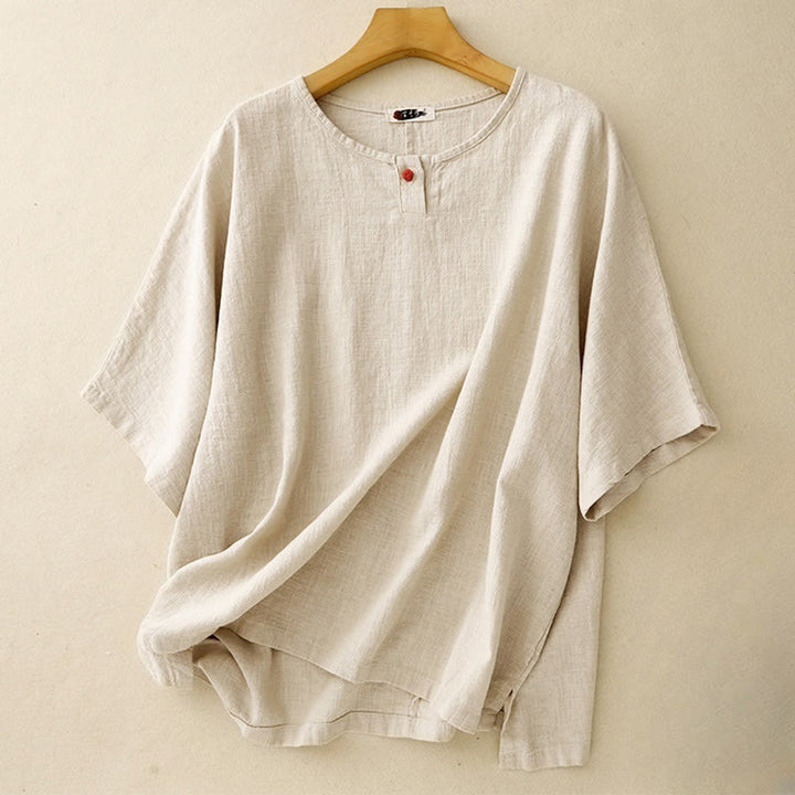 Buddha Stones Casual Plain  Women's Crew Neck Design Loose Half Sleeve Cotton Linen T-shirt