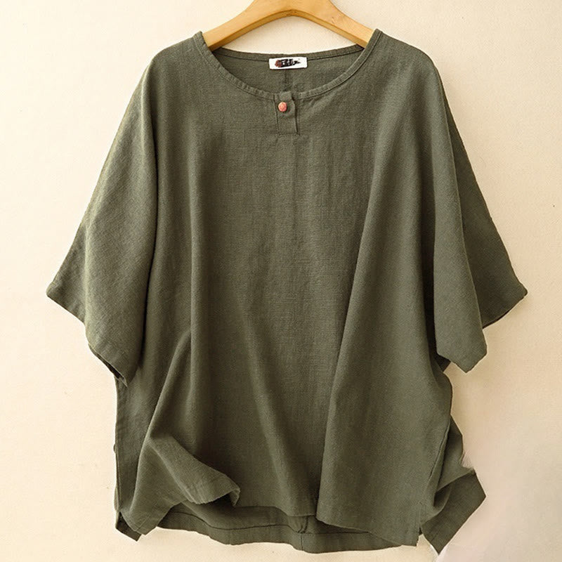 Buddha Stones Casual Plain  Women's Crew Neck Design Loose Half Sleeve Cotton Linen T-shirt