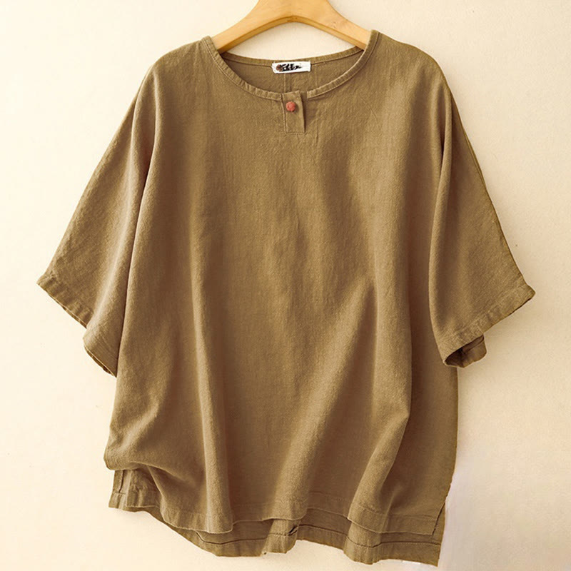 Buddha Stones Casual Plain  Women's Crew Neck Design Loose Half Sleeve Cotton Linen T-shirt