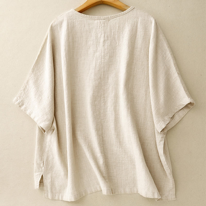 Buddha Stones Casual Plain  Women's Crew Neck Design Loose Half Sleeve Cotton Linen T-shirt - image 1