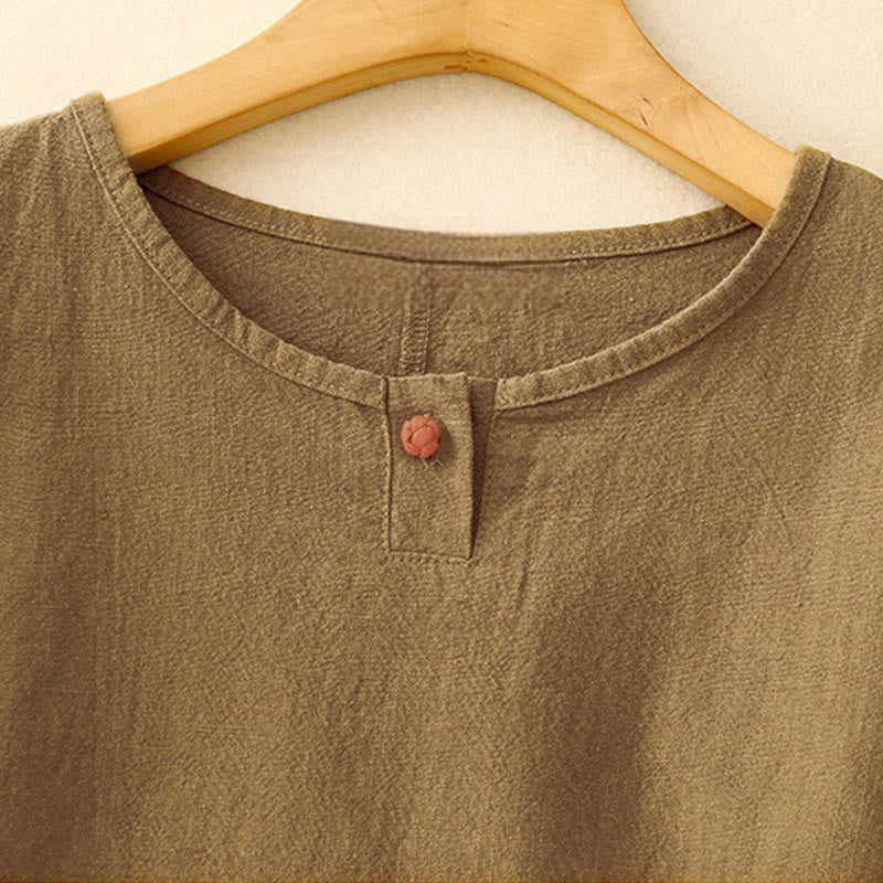 Buddha Stones Casual Plain  Women's Crew Neck Design Loose Half Sleeve Cotton Linen T-shirt