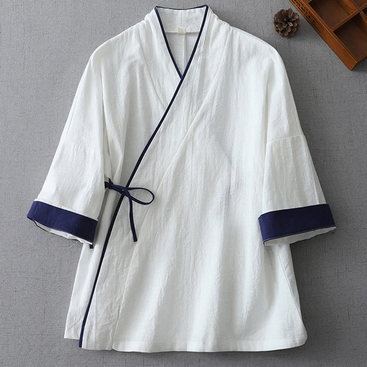 Buddha Stones Casual Color Stitching V-Neck Three Quarter Sleeve Zen Cotton Linen Women's Shirt