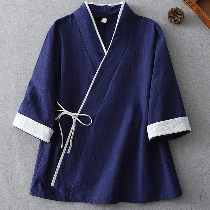 Buddha Stones Casual Color Stitching V-Neck Three Quarter Sleeve Zen Cotton Linen Women's Shirt