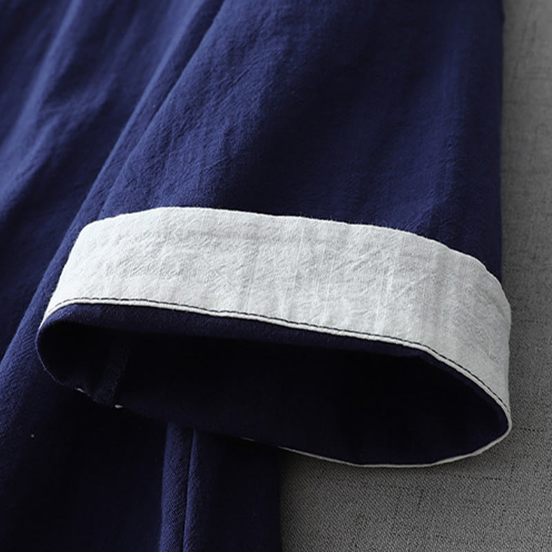 Buddha Stones Casual Color Stitching V-Neck Three Quarter Sleeve Zen Cotton Linen Women's Shirt