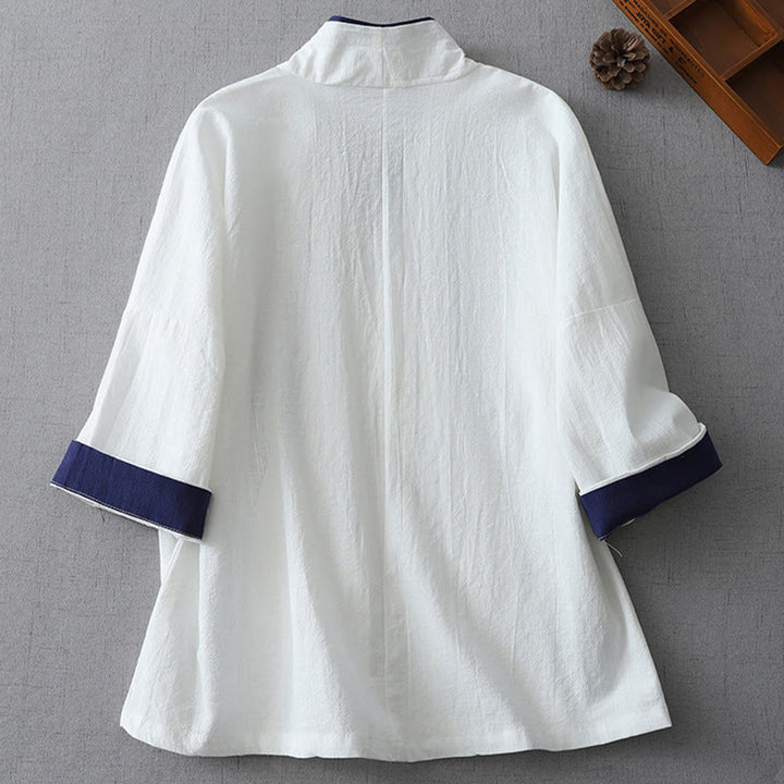 Buddha Stones Casual Color Stitching V-Neck Three Quarter Sleeve Zen Cotton Linen Women's Shirt