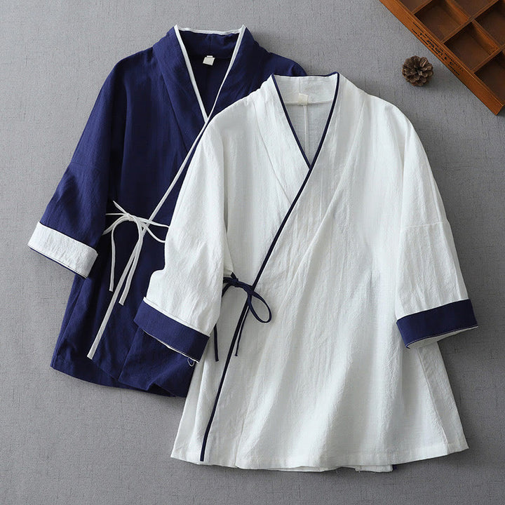 Buddha Stones Casual Color Stitching V-Neck Three Quarter Sleeve Zen Cotton Linen Women's Shirt