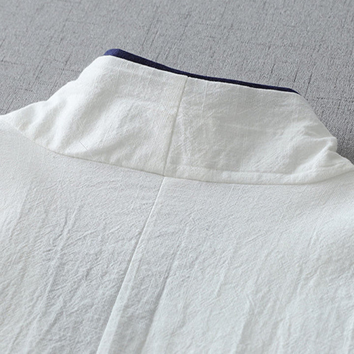 Buddha Stones Casual Color Stitching V-Neck Three Quarter Sleeve Zen Cotton Linen Women's Shirt