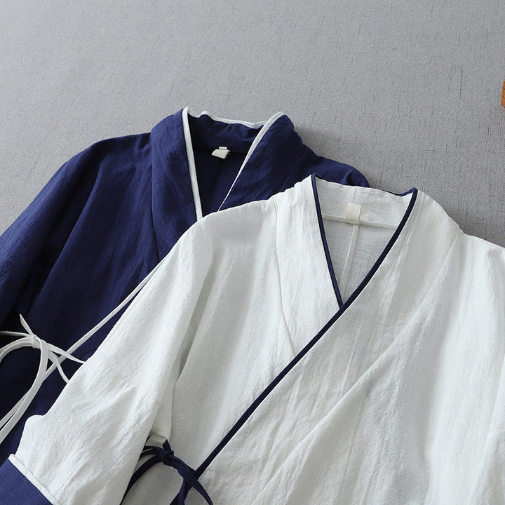 Buddha Stones Casual Color Stitching V-Neck Three Quarter Sleeve Zen Cotton Linen Women's Shirt