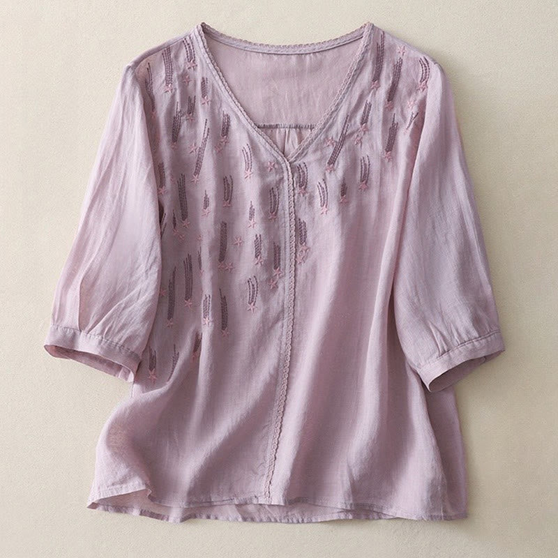 Buddha Stones Casual Shooting Star Embroidery V-Neck Half Sleeve Cotton Linen Women's Shirt - Plum - US8-10，UK/AU12-14，EU40-42 (2XL) - image 0