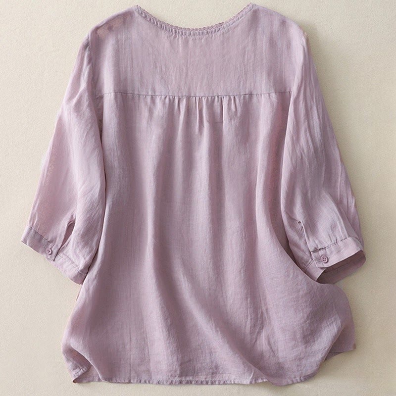 Buddha Stones Casual Shooting Star Embroidery V-Neck Half Sleeve Cotton Linen Women's Shirt