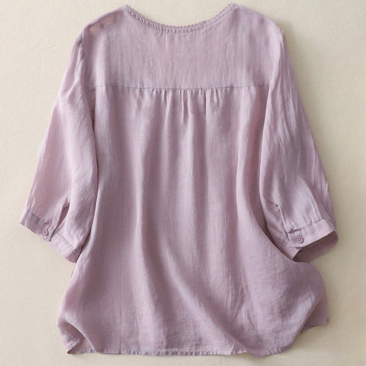 Buddha Stones Casual Shooting Star Embroidery V-Neck Half Sleeve Cotton Linen Women's Shirt