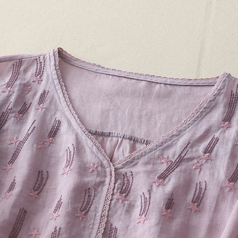 Buddha Stones Casual Shooting Star Embroidery V-Neck Half Sleeve Cotton Linen Women's Shirt