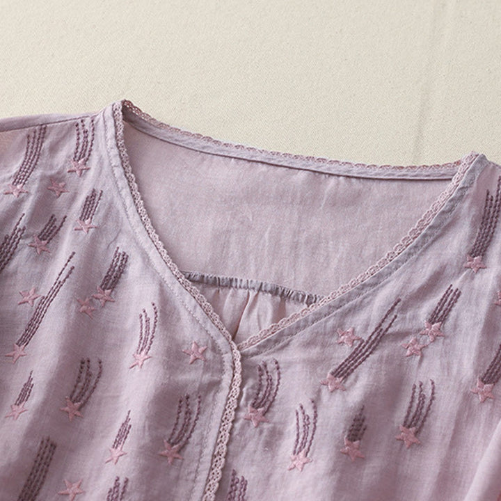 Buddha Stones Casual Shooting Star Embroidery V-Neck Half Sleeve Cotton Linen Women's Shirt