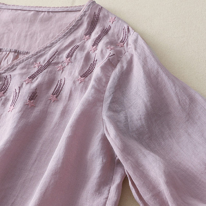 Buddha Stones Casual Shooting Star Embroidery V-Neck Half Sleeve Cotton Linen Women's Shirt - image 8